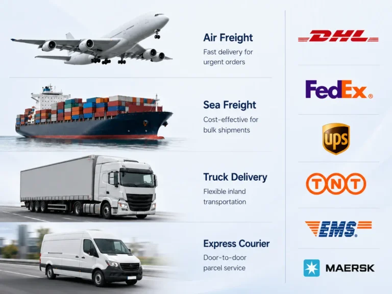 Custom hat shipping and delivery options including air freight, sea freight, truck delivery, express courier, and global logistics partners