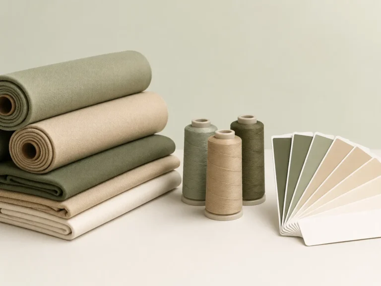 Custom hat material preparation with fabric rolls, thread colors, and color cards for bulk cap production