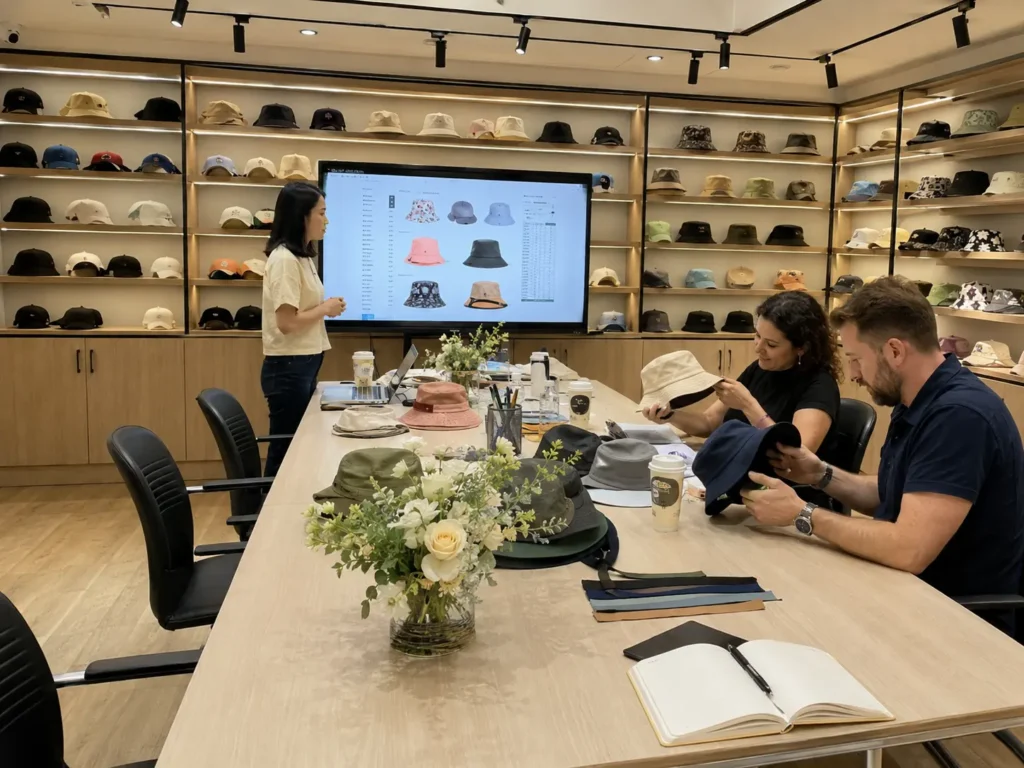 Custom hat design discussion with buyers in sample room