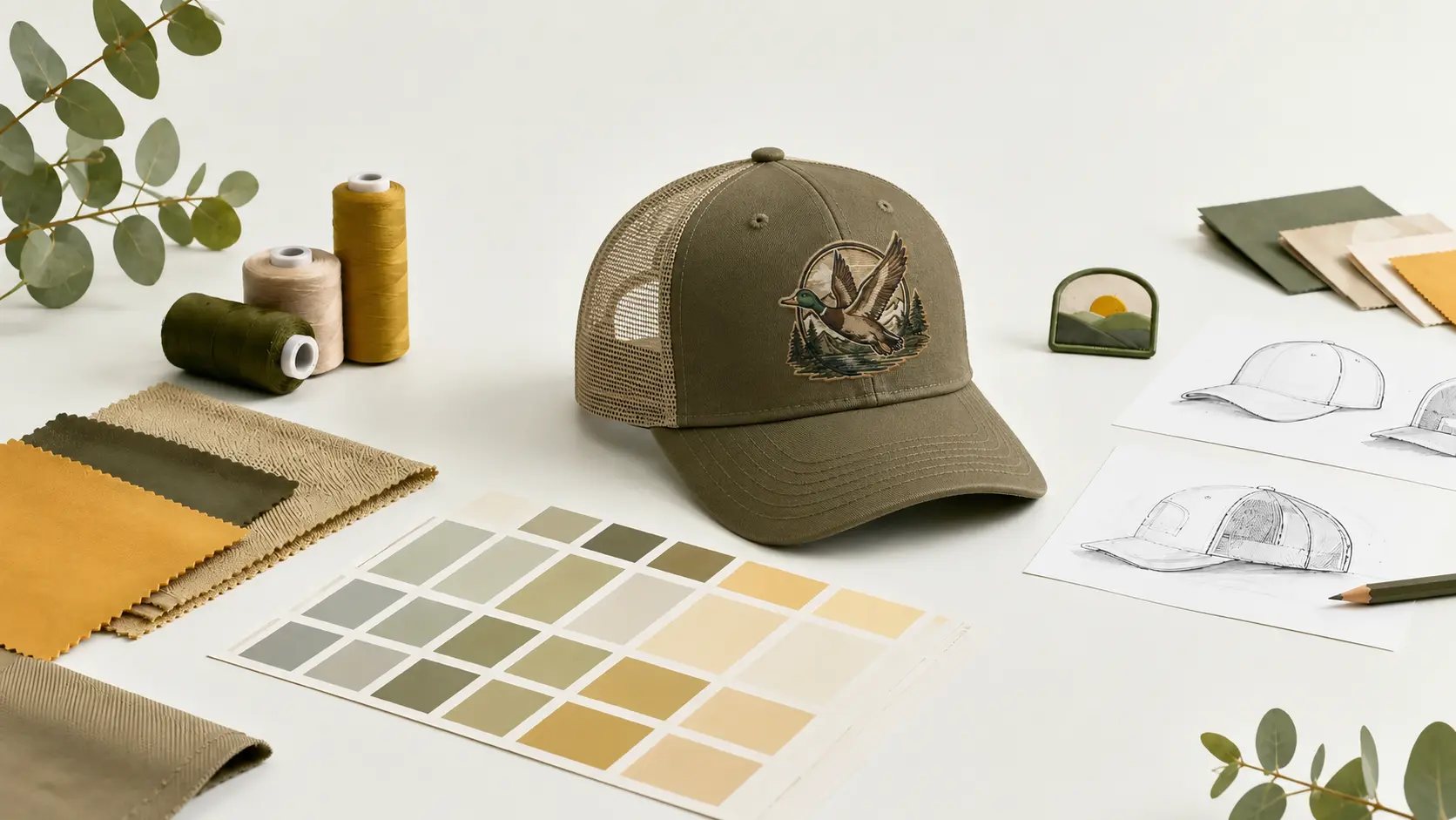 Custom hat design mockup with fabric swatches, color matching cards, logo patch, thread rolls, and cap sketches