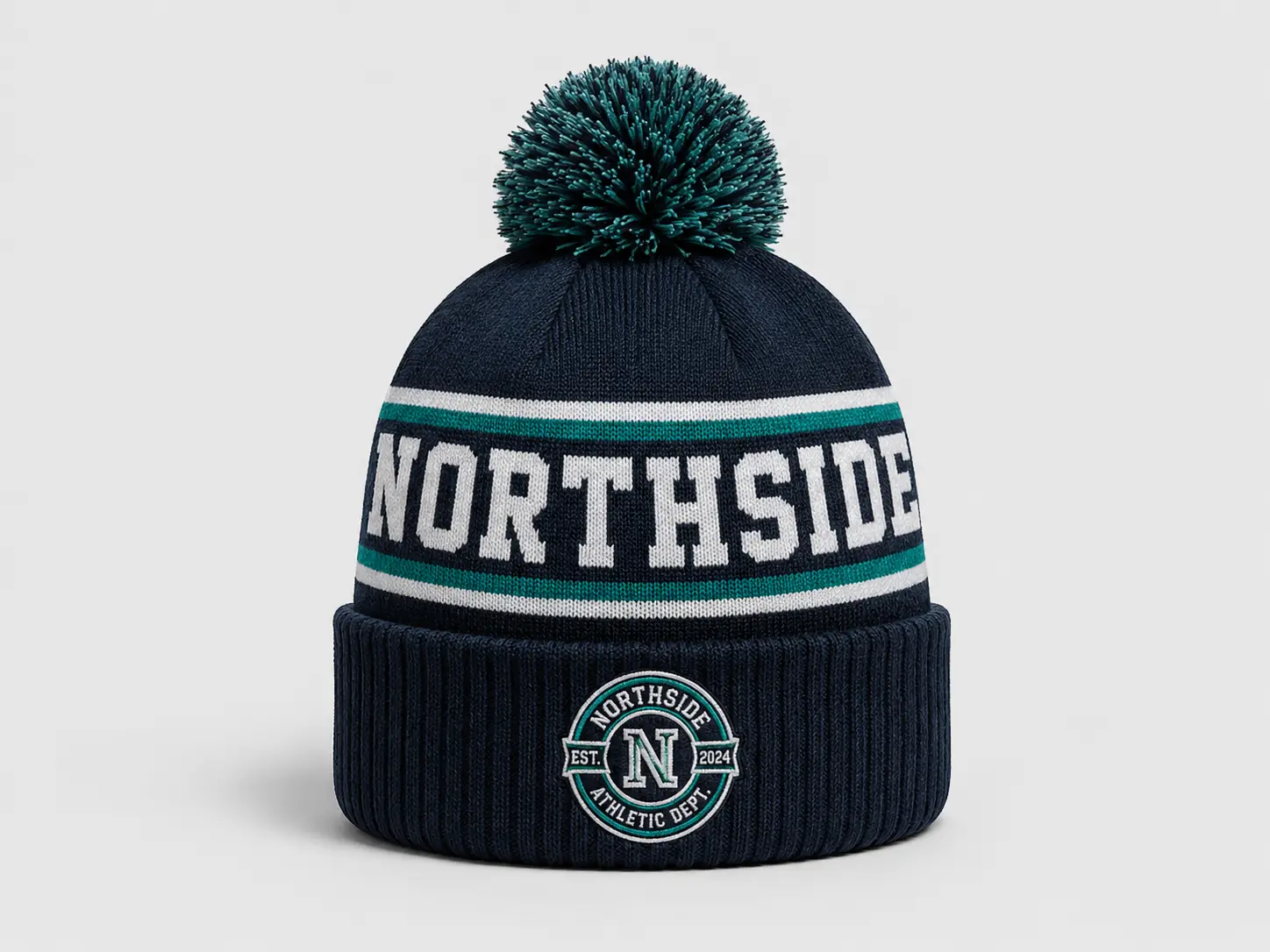 Custom pom-pom beanie with jacquard logo