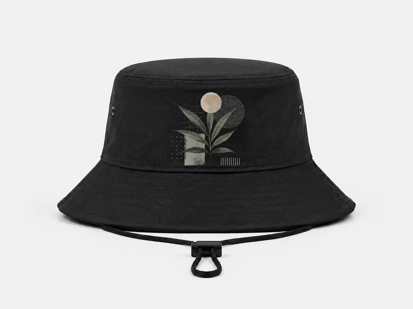 Custom outdoor bucket hat with chin cord and printed logo for travel and fishing use