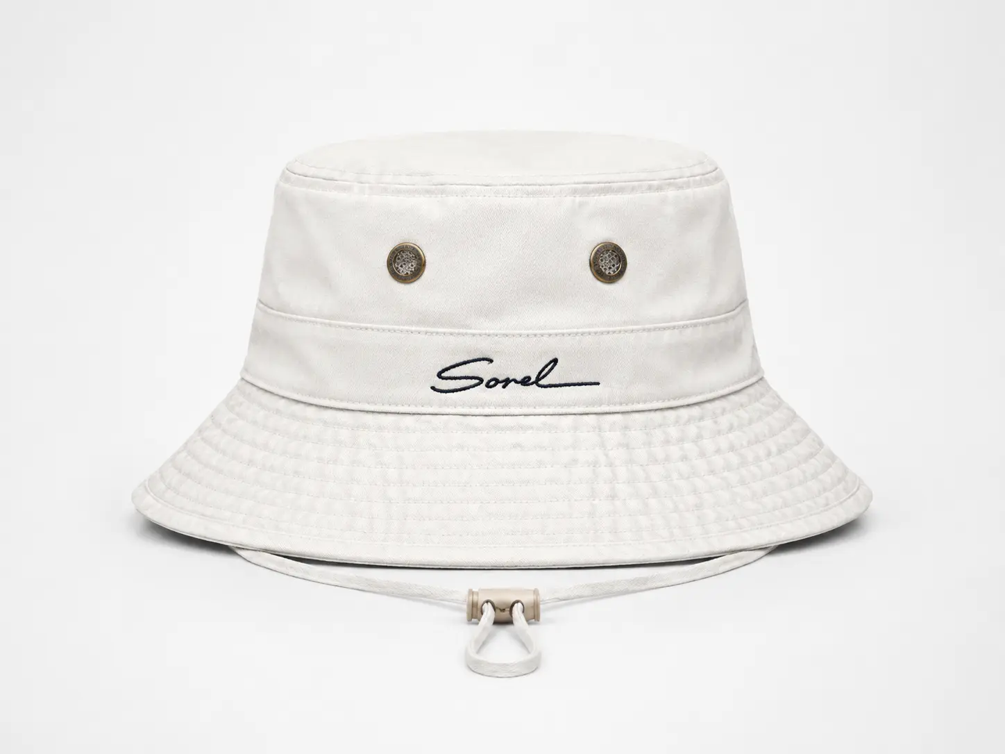 Custom white cotton bucket hat with small embroidered logo and adjustable chin cord