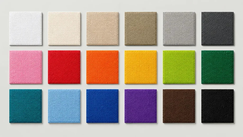 Fabric color swatches for custom hats, showing multiple color options for embroidery, patches, panels, and branding details