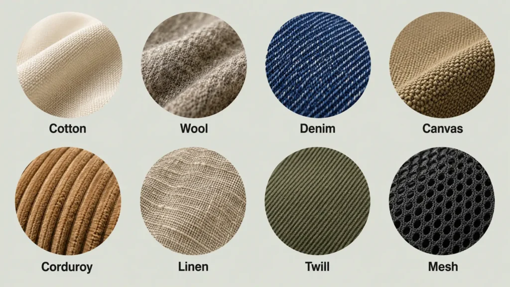 Hat fabric selection chart showing cotton, wool, denim, canvas, corduroy, linen, twill, and mesh materials for custom caps