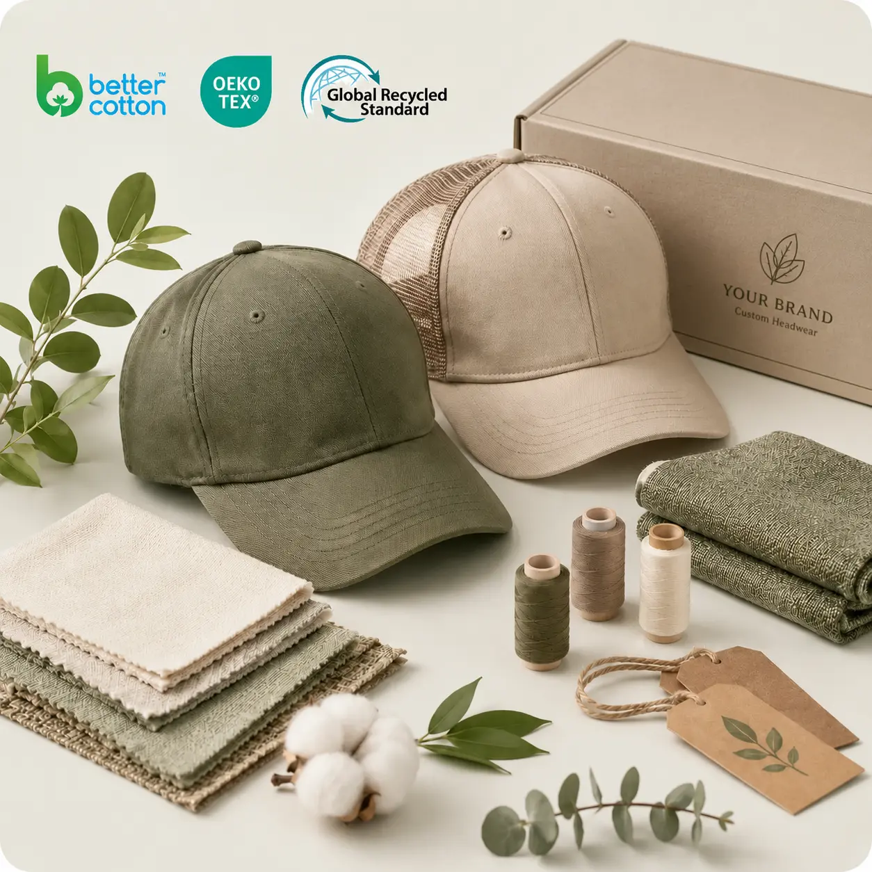 Sustainable custom hats with recycled fabrics, organic cotton, and eco-friendly packaging