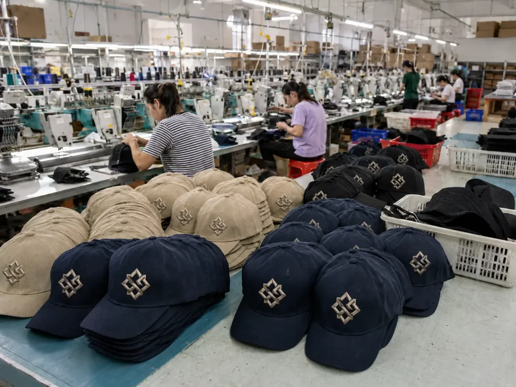 Bulk hat production workshop with finished caps, sewing machines, and workers handling custom cap manufacturing