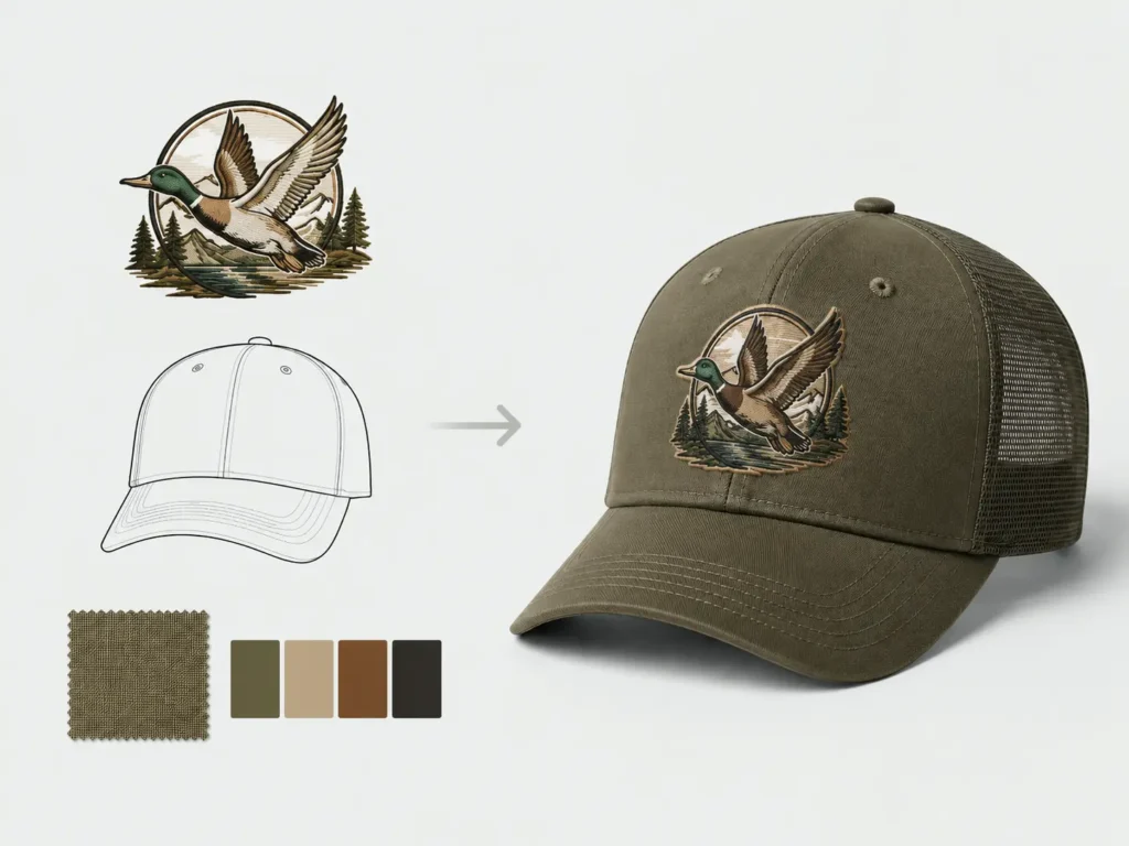 Free custom hat mockup design with logo, fabric colors, and finished cap preview