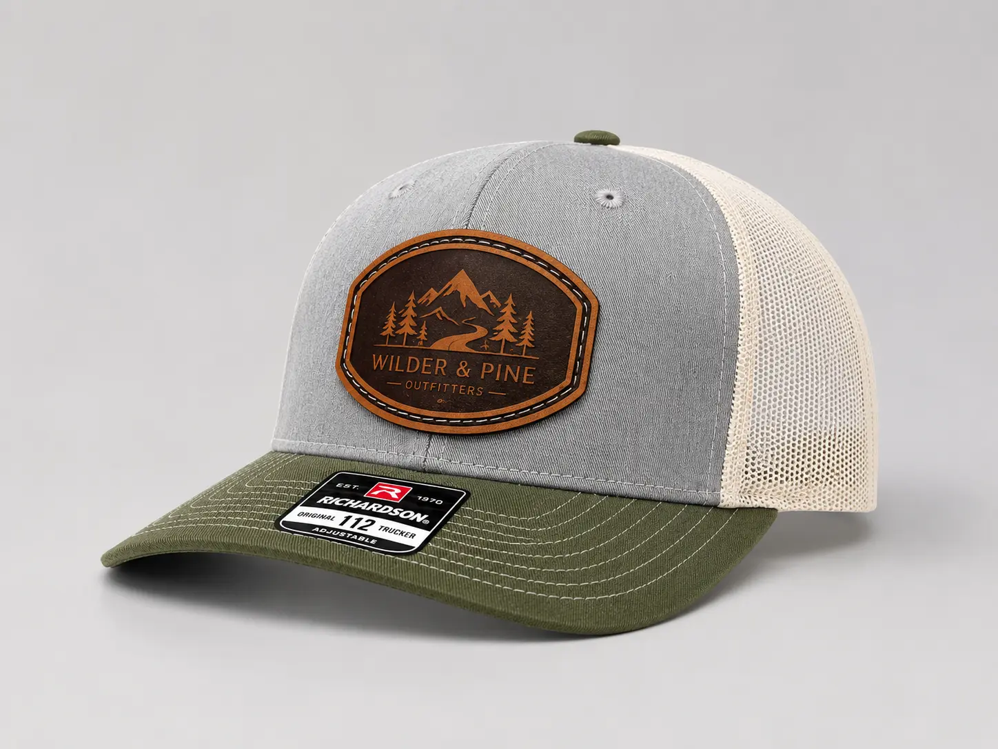 Richardson 112 style leather patch trucker hat with structured front panel