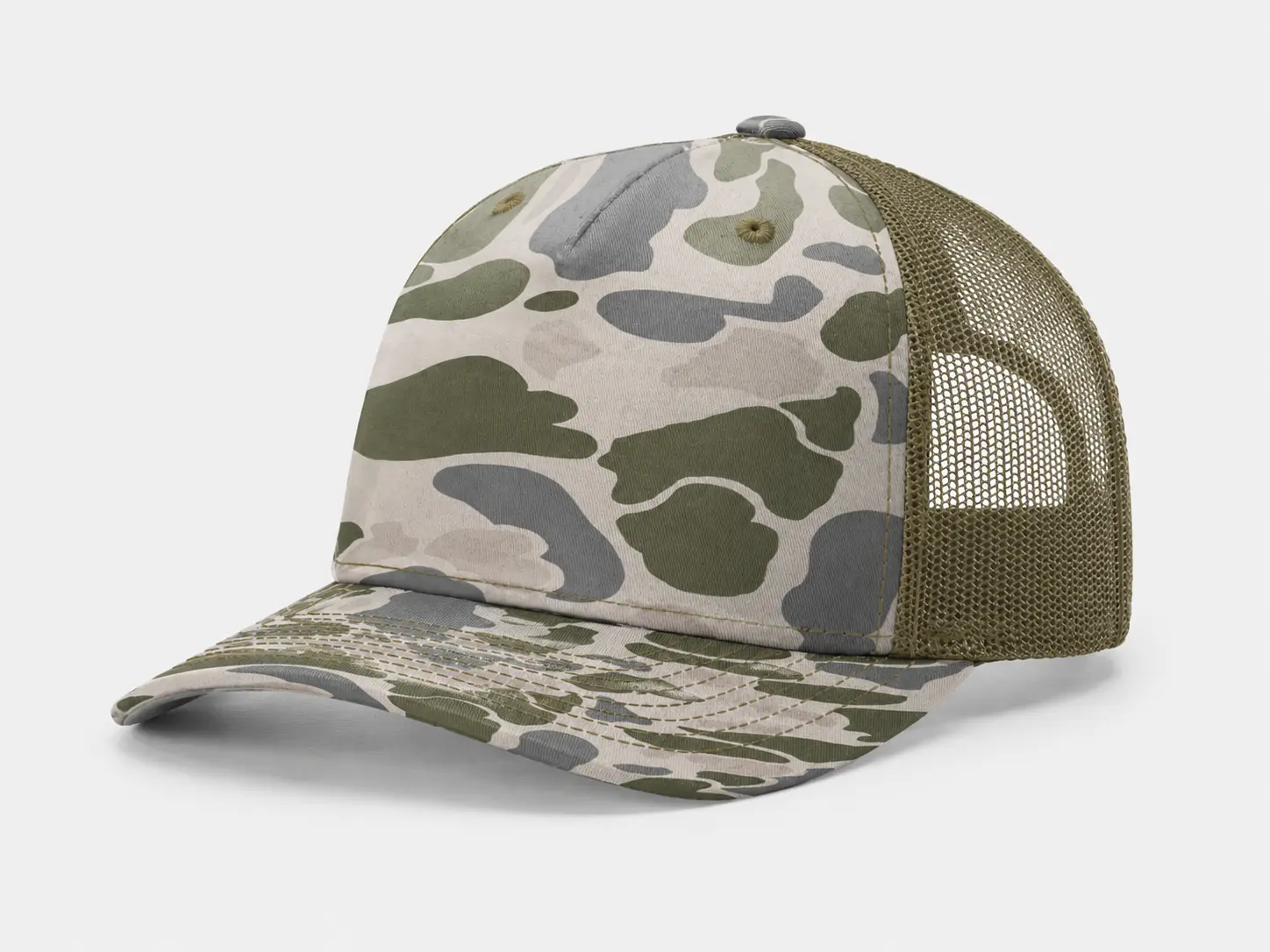 Richardson 112 style camouflage trucker hat with breathable mesh panels