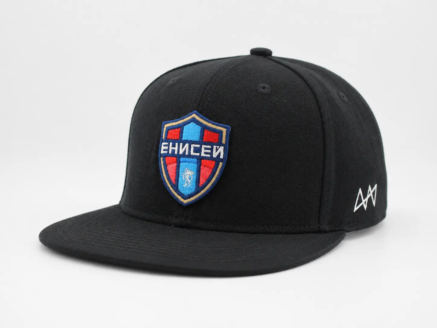 Custom black snapback hat with embroidered patch logo