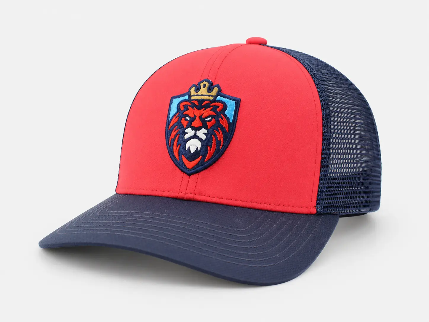 Custom two-tone trucker hat with mesh back and embroidered logo