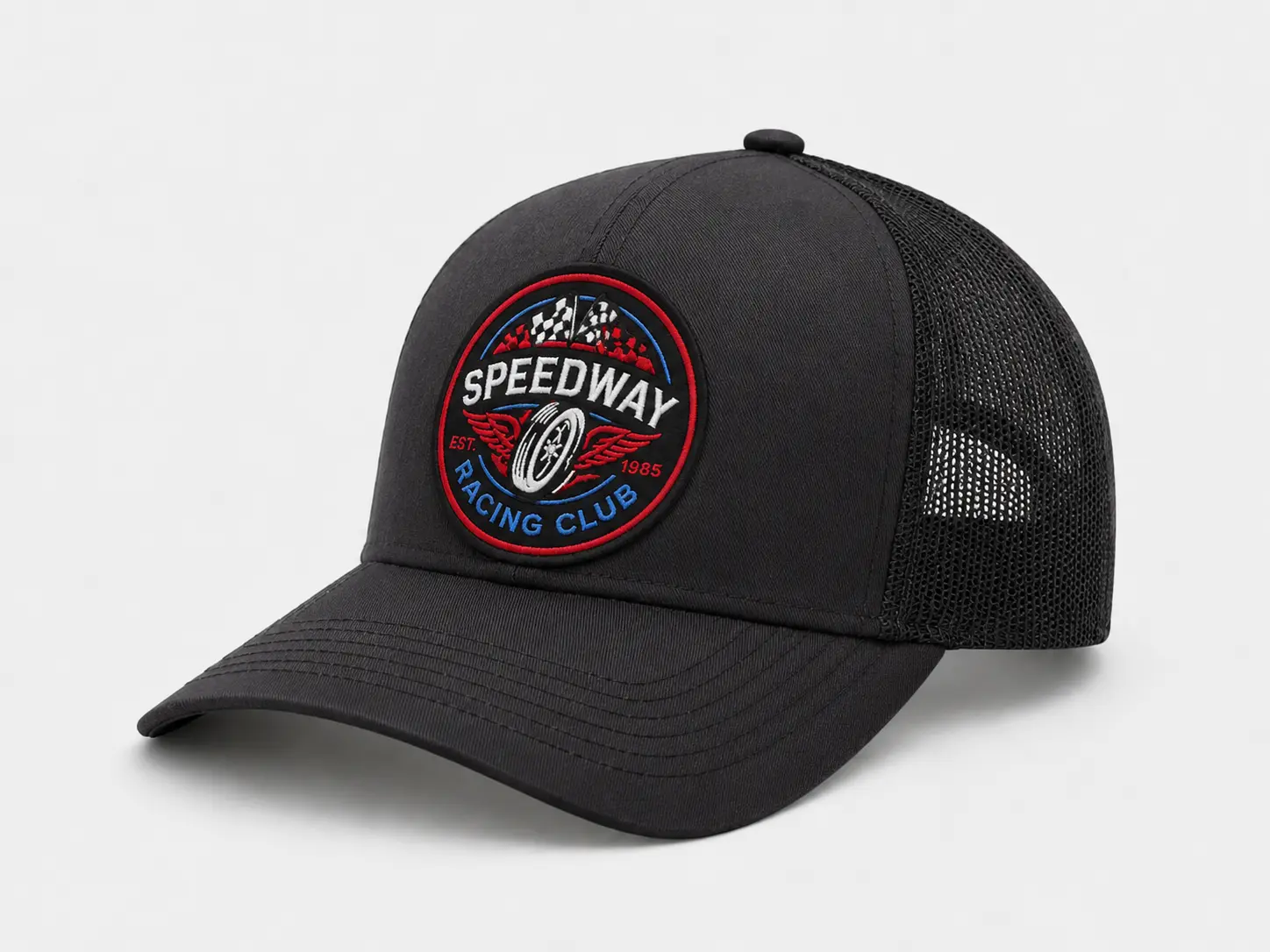 Custom black mesh trucker hat with embroidered logo patch
