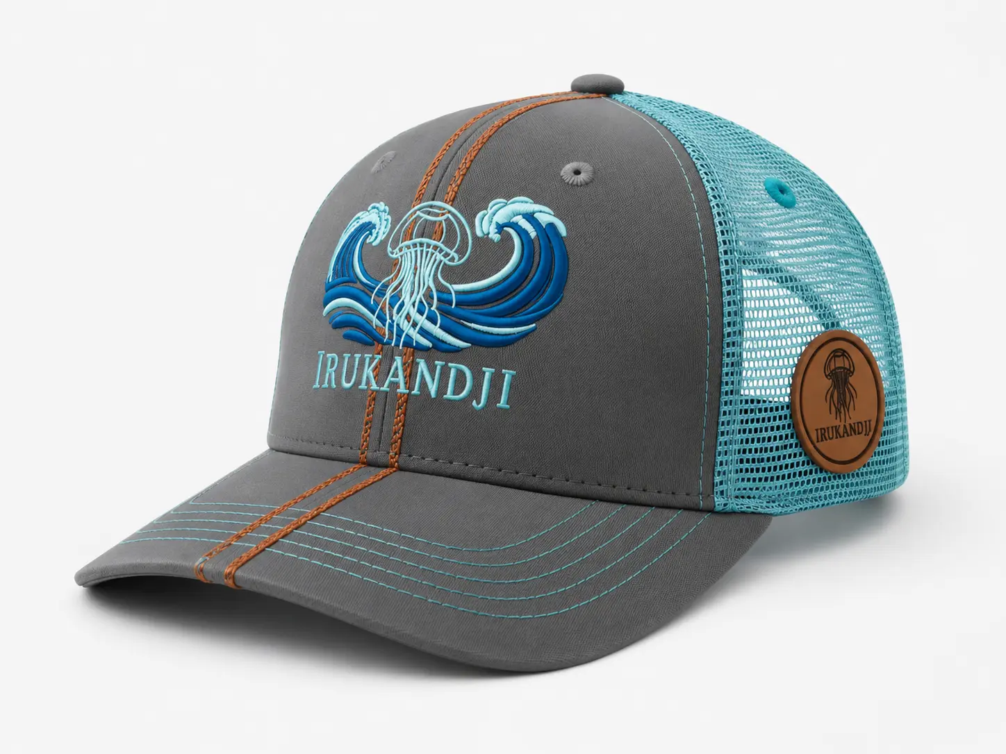 Custom trucker hat with contrast stitching and colored mesh