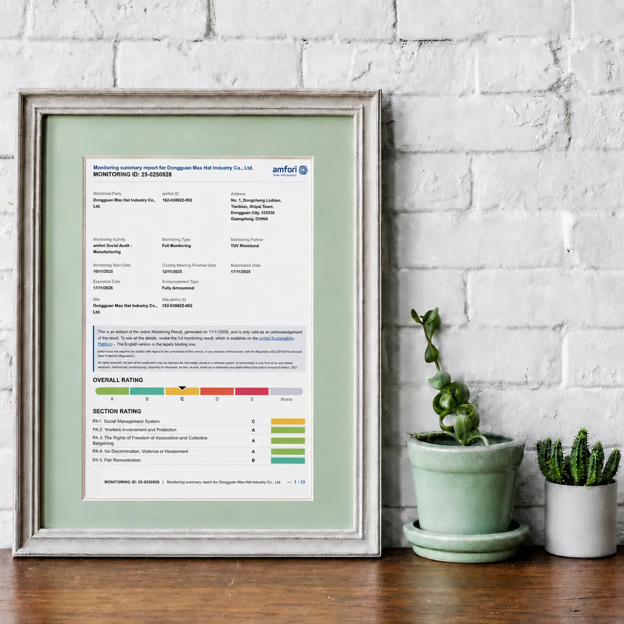 BSCI social compliance certificate for Max Hats custom hat factory