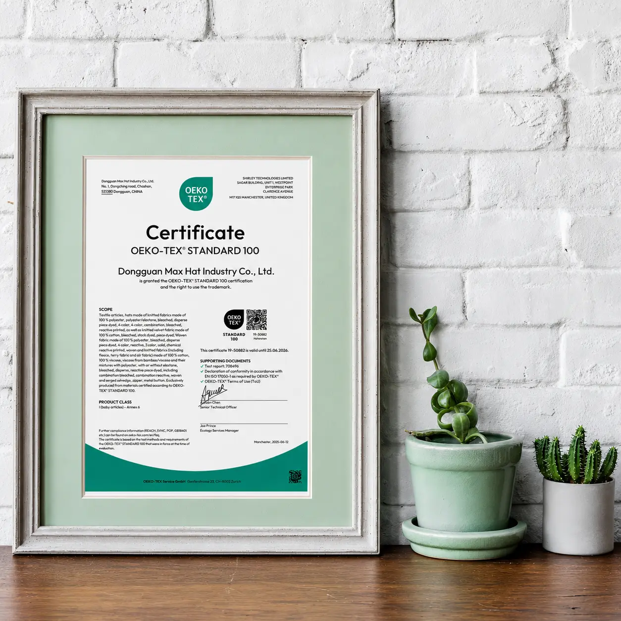OEKO-TEX Standard 100 certificate for safe textile materials in custom hat production