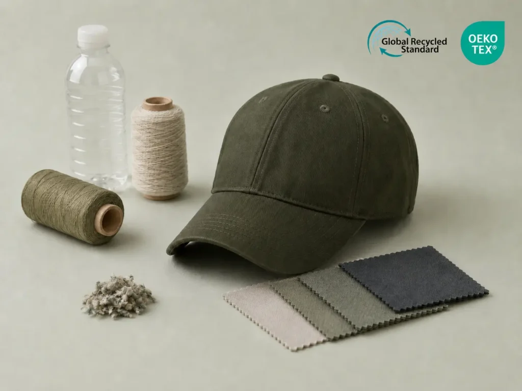 Recycled material caps with sustainable fabric swatches